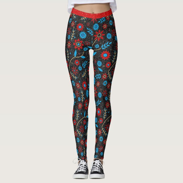 Legging Padrão Chic Flor Vermelho Dourado Azul Brilhante (Frente)