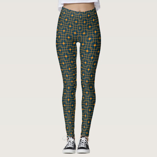 Legging Padrão Chinês, Cubicos Cúbicos Laranja Apontados (Frente)