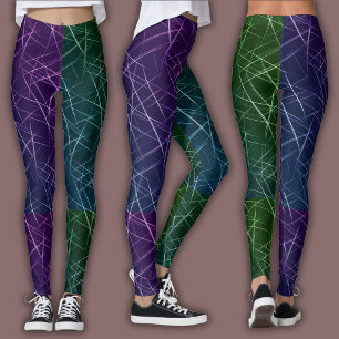 Legging Padrão Cibernético Abstrato   Grade Roxa e Esmeral