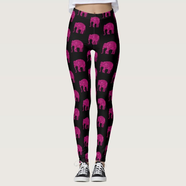 Legging Padrão cintilante de elefante rosa-faísca preto (Frente)