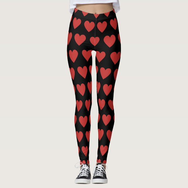 Legging Padrão Clássico de Coração Vermelho Cinto em Preto (Frente)