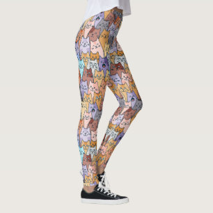 Legging Padrão Colorido de Gatos Fofos Multidão Rosto de G
