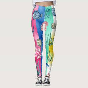 Legging Padrão Colorido de Vida Marinha Costeira (6)