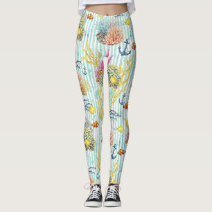 Legging Padrão Colorido de Vida Marinha Costeira (8)
