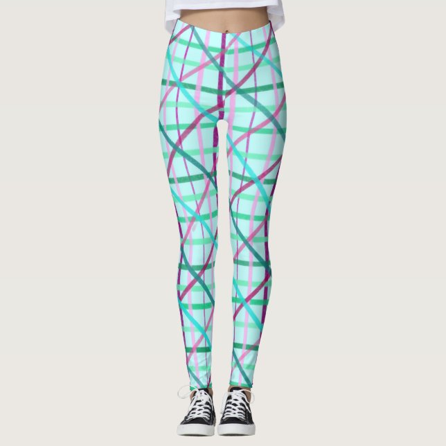 Legging Padrão com verificação de Rosa e azul (Frente)