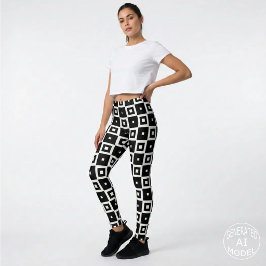 Legging Padrão Contemporâneo de Quadrados Preto e Branco T