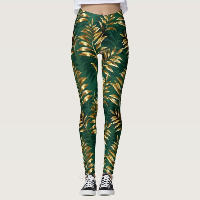 Legging Padrão contínuo com samambaias douradas (Frente)
