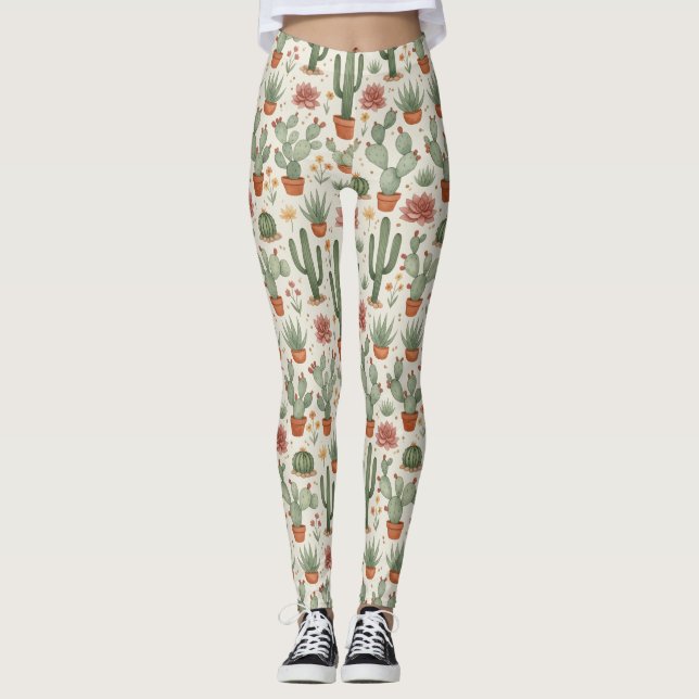 Legging Padrão contínuo de cactos suculentos do deserto (Frente)