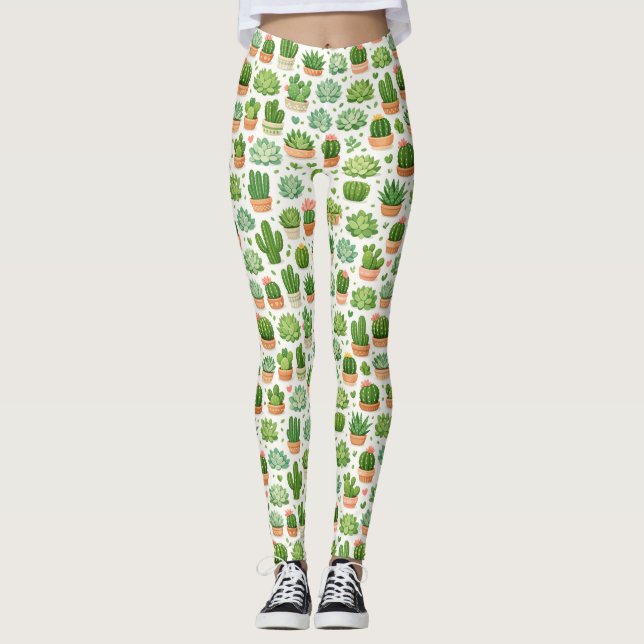 Legging Padrão contínuo de planta suculenta fofa (Frente)