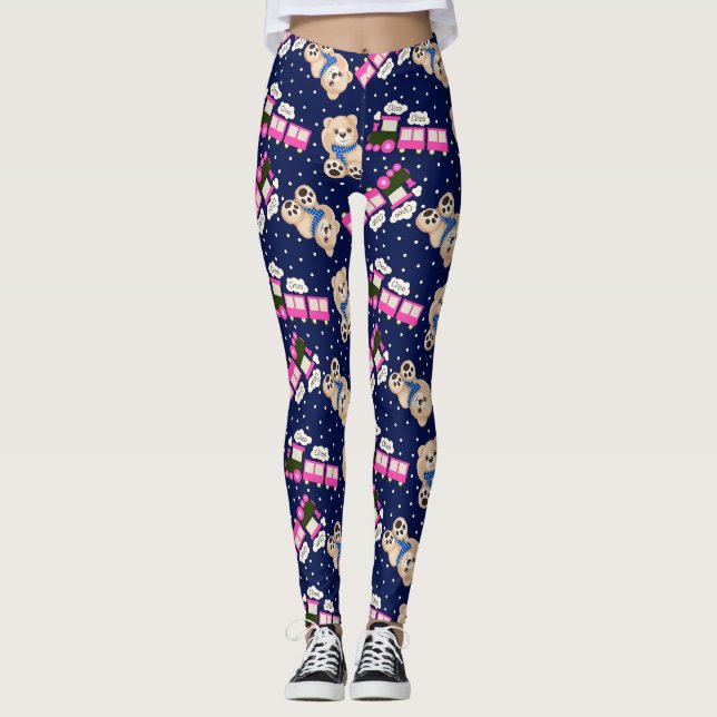 Legging Padrão contínuo de ursinho de pelúcia e trem Choo  (Frente)
