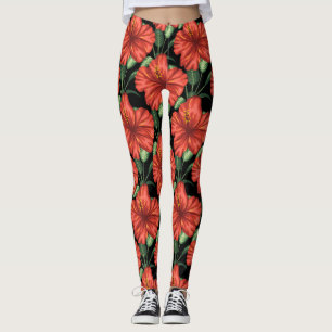 Legging Padrão contínuo Flores tropicais vermelhas folhas 