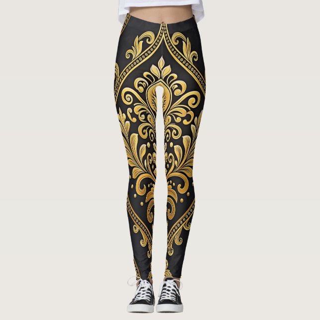 Legging Padrão contínuo Majestade Imperial – Dourado e Pre (Frente)
