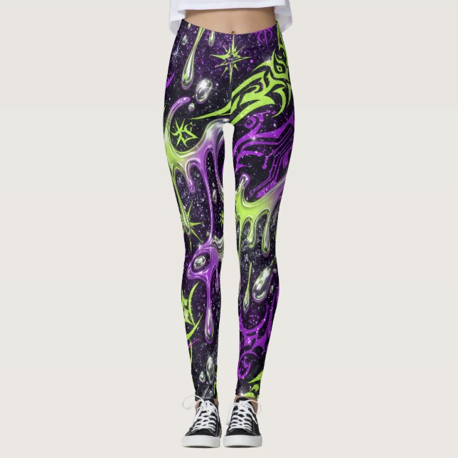 Legging Padrão contínuo Neon Tribal Slime Y2K (Frente)
