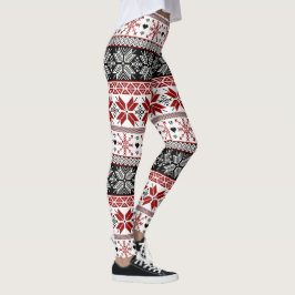 Legging Padrão da Ilha da Feira de Inverno Vermelha e Negr