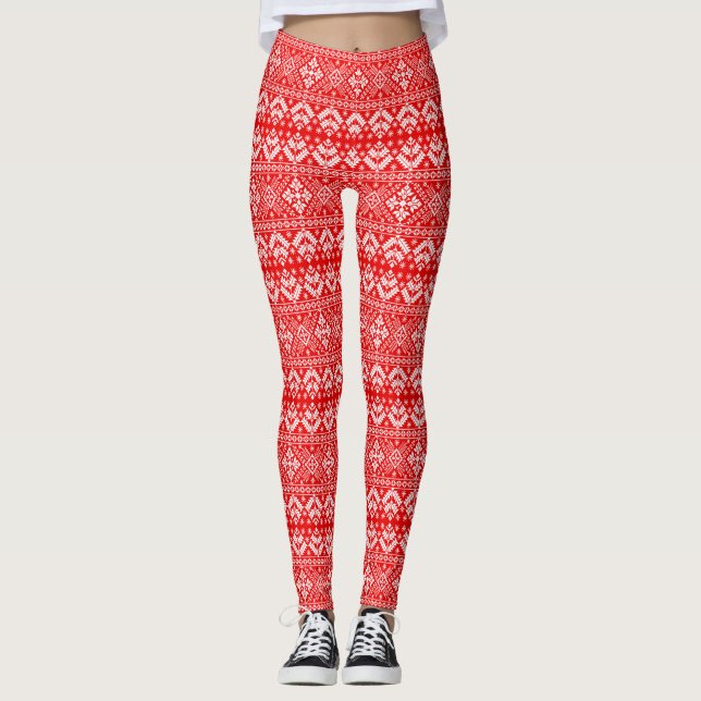 Legging Padrão da Ilha da Feira de Natal Vermelha e Branca (Frente)