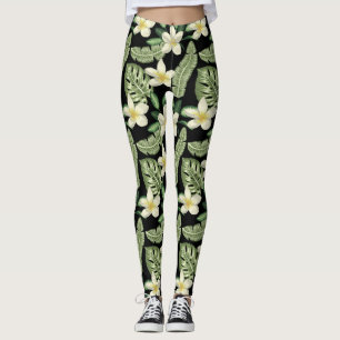 Legging Padrão da superfície plana Flores tropicais e folh