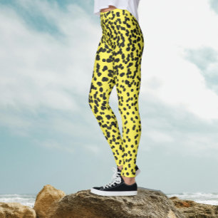 Legging Padrão Dalmaciano de Bolinhas Amarelas Neon Negra
