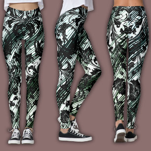 Legging Padrão Damask Preto, Branco & Verde