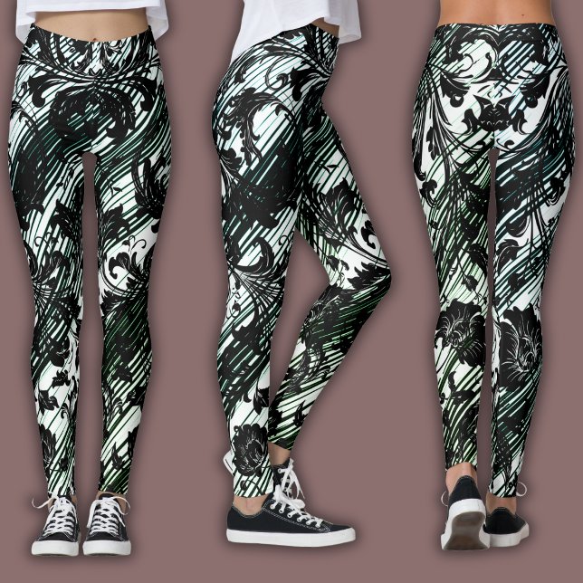 Legging Padrão Damask | Preto, Branco & Verde (Criador carregado)