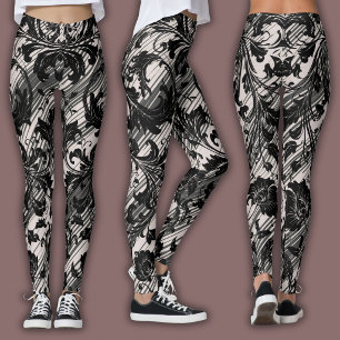 Legging Padrão Damask Preto e Bege Natural