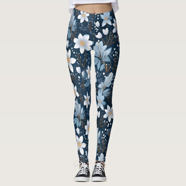 Legging Padrão das flores brancas do inverno (Frente)