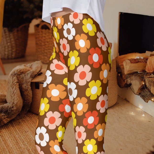 Legging Padrão das flores de outono de Retro Castanho (Criador carregado)