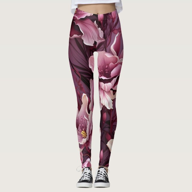 Legging Padrão das Orquídeas Rosa Escuras (Frente)