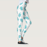 Legging Padrão das palmeiras tropicais azuis e brancas<br><div class="desc">A elegante palma tropical azul-esverdeada e branca deixa um padrão uniforme.</div>