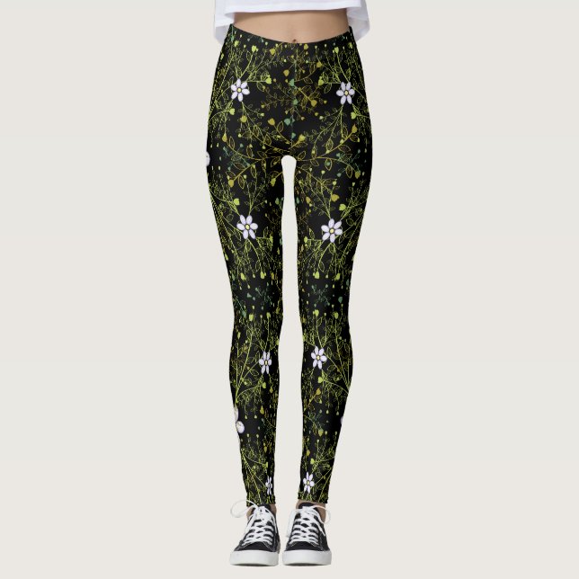 Legging Padrão das plantas.10b Preto BG (Frente)