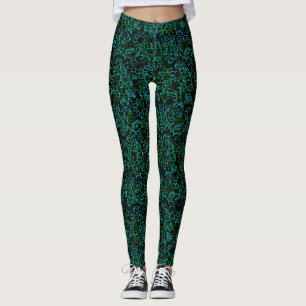 Legging Padrão das plantas.14D Preto floral verde BG
