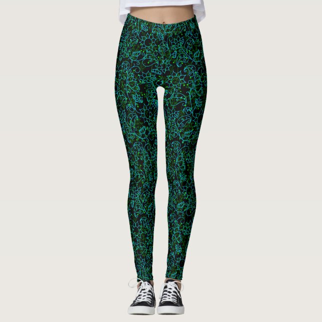 Legging Padrão das plantas.14D Preto floral verde BG (Frente)