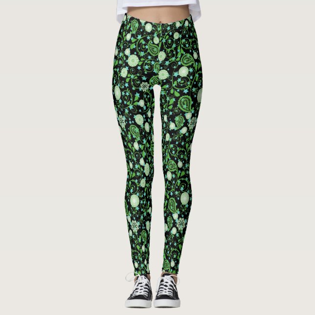 Legging Padrão das plantas com flores verdes retrorreflect (Frente)