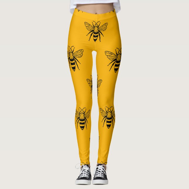 Legging Padrão De Abelhas Vintage, Amarelo Negro. (Frente)