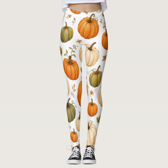 Legging Padrão de Abóbora Aquarela Abóboras de Outono  (Frente)