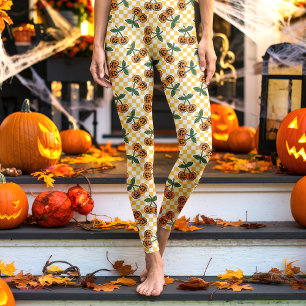 Legging Padrão de Abóboras Cereja em Xadrez Amarelo