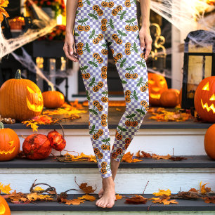 Legging Padrão de Abóboras Cereja Xadrez Roxo