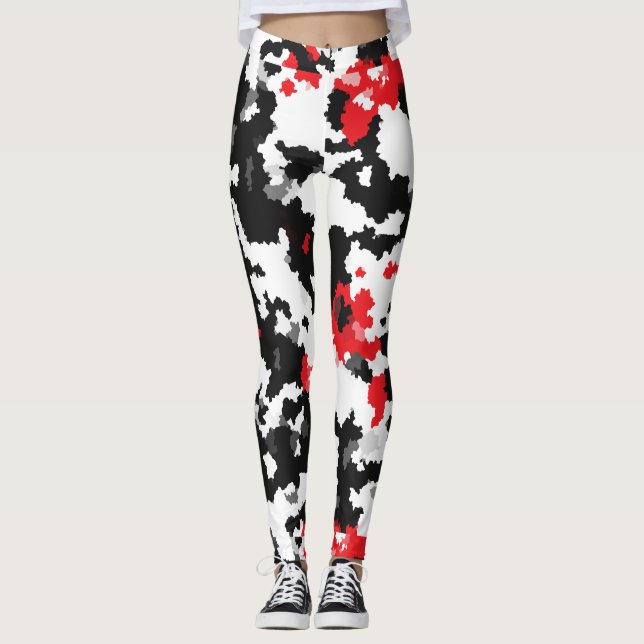 Legging Padrão De Abstrato Branco E Preto Vermelho Cristal (Frente)