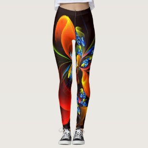 Legging Padrão de Abstrato de Arte Floral Azul Laranja Mod