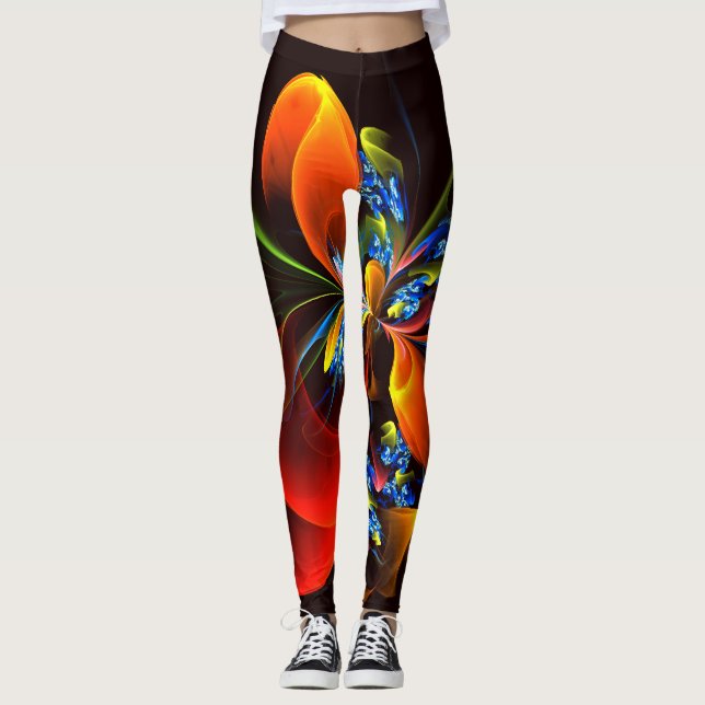 Legging Padrão de Abstrato de Arte Floral Azul Laranja Mod (Frente)