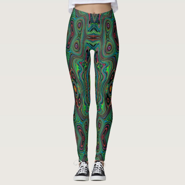 Legging Padrão de Abstrato do Trippy Retro Black e do Verd (Frente)