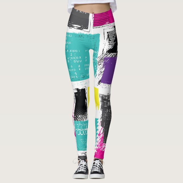 Legging Padrão de Abstrato retrô neon-quadrado (Frente)