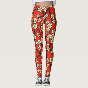 Legging Padrão de Ameixa Branca Meihua Chinesa em Vermelho