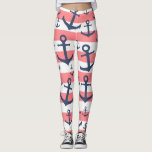 Legging Padrão de âncora azul de marinho de faixa de coral<br><div class="desc">design de Verão com um padrão de âncora azul de marinho num fundo de coral e faixa branca.</div>