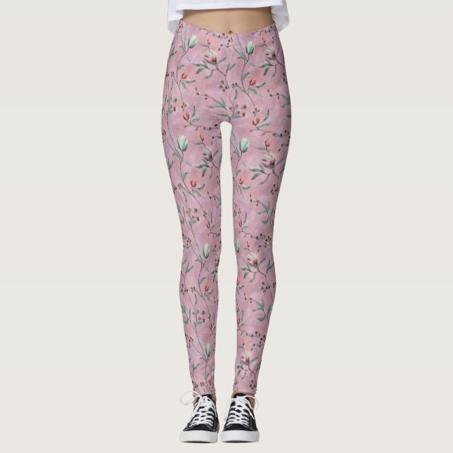 Legging Padrão de Anêmonas das Tulipas Rosa e Branca (Frente)