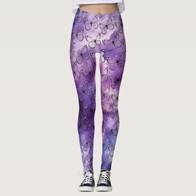Legging Padrão de Aquarela da Borboleta Roxo (Frente)