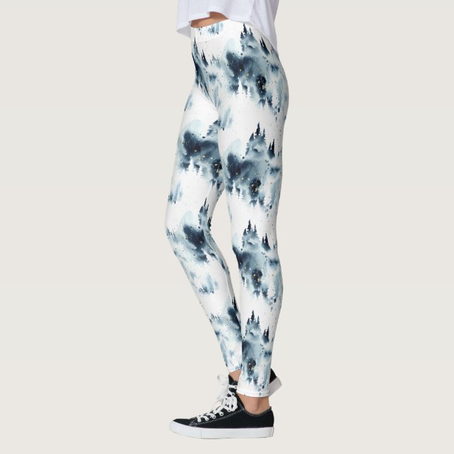 Legging Padrão de Aquarela da Floresta Azul da Meia-Noite (Esquerda)