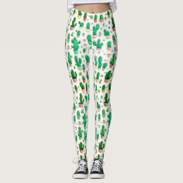 Legging Padrão de Aquarela de Cactus Verde Suculente e Bon