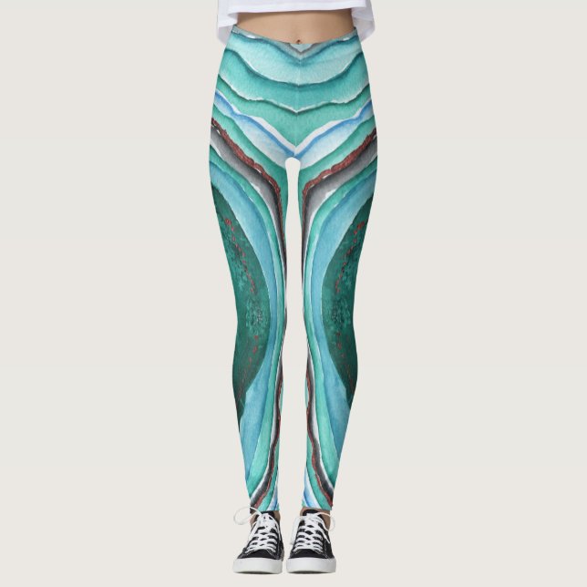 Legging Padrão de Aquarela de Geodo Agate - Azul Verde Aqu (Frente)