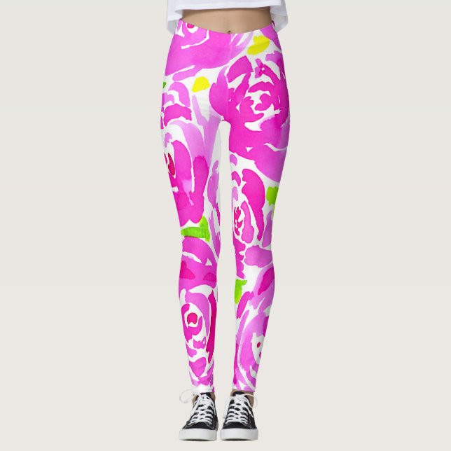 Legging Padrão de Aquarela de Magenta Peonies (Frente)