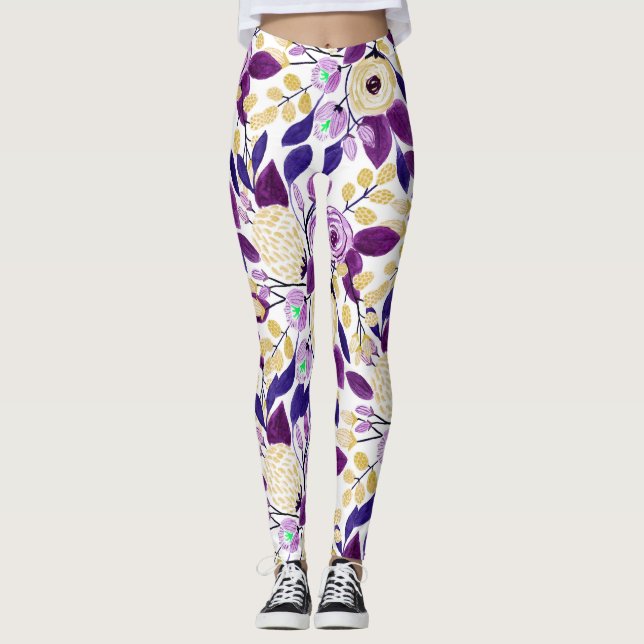 Legging Padrão de Aquarela do Buquê Floral Amarelo (Frente)